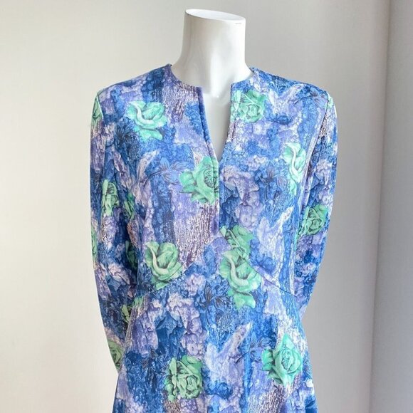 Vintage Abstract Floral Rose print Blue Green Long  Sleeve Maxi M - Picture 4 of 8